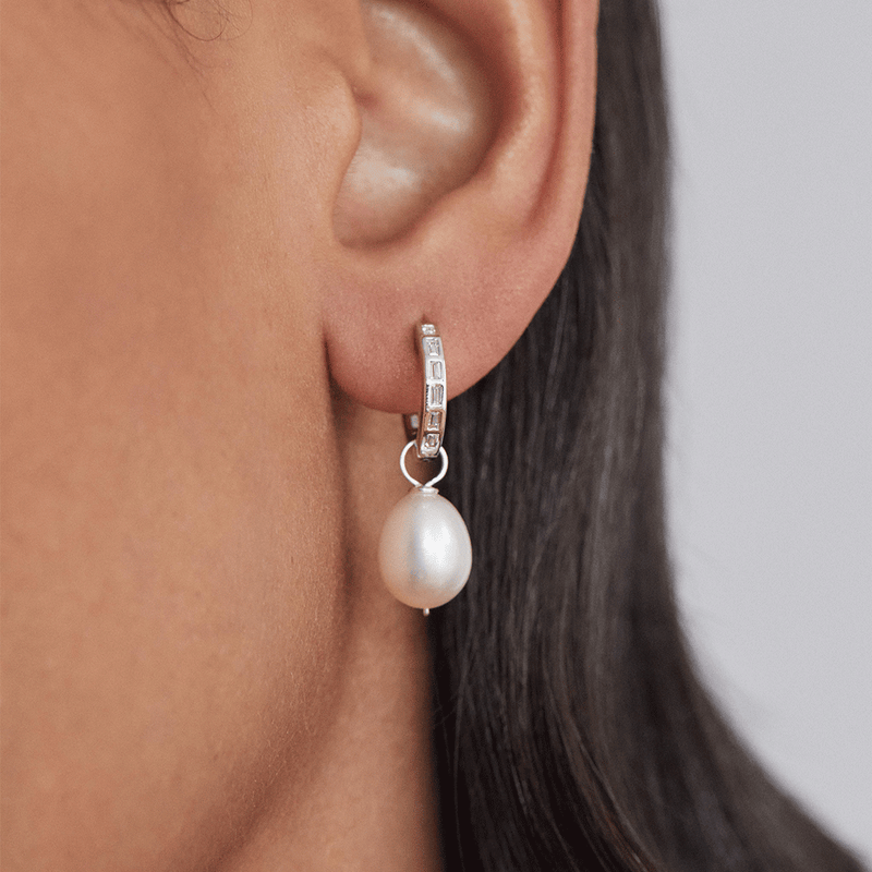 Silver Diamond Style Baguette Medium Hoop Earrings