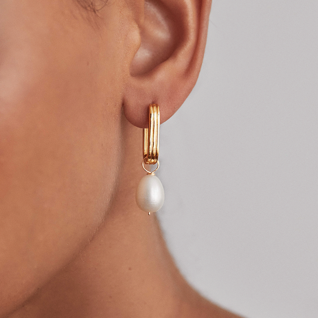 Gold-Tone Ribbed Pearl-Style Drop Hoop Earrings