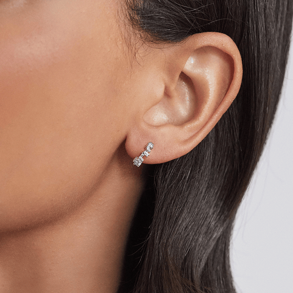 Silver Diamond Style Jagged Huggie Hoop Earrings