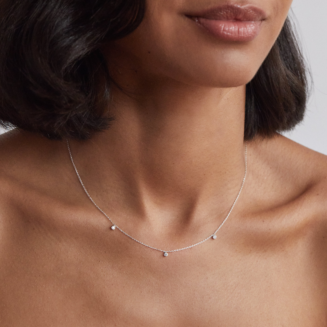 Solid White Gold Floating Diamond Drop Necklace