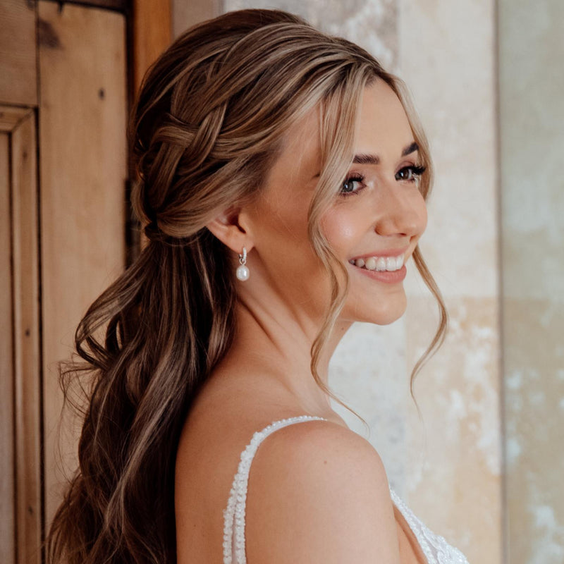 Solid White Gold Genuine Diamond Huggie Pearl Drop Earrings